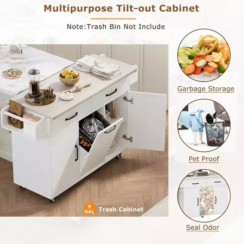 Desserte de cuisine roulante CLIHOME avec poubelle intégrée, chariot de cuisine avec abattant, porte-épices, porte-serviettes et tiroir
