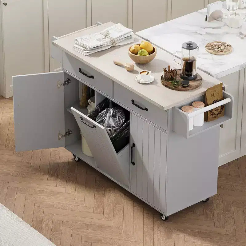 Desserte de cuisine roulante CLIHOME avec poubelle intégrée, chariot de cuisine avec abattant, porte-épices, porte-serviettes et tiroir