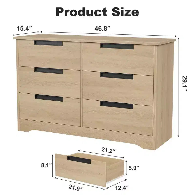 Commode double 6 tiroirs en bois naturel – Rangement moderne avec poignées encastrées pour chambre ou salon