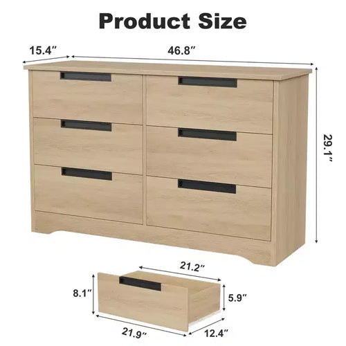 Commode double 6 tiroirs en bois naturel – Rangement moderne avec poignées encastrées pour chambre ou salon