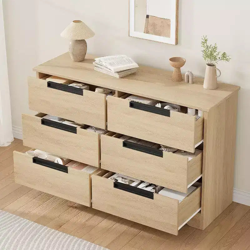 Commode double 6 tiroirs en bois naturel – Rangement moderne avec poignées encastrées pour chambre ou salon