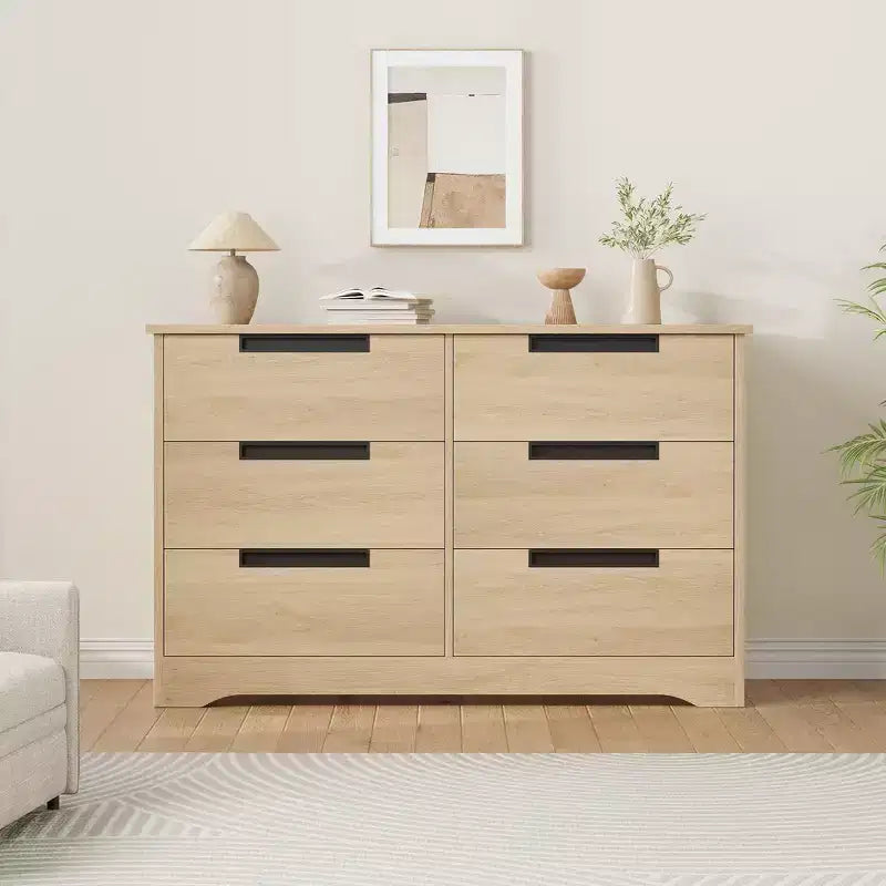 Commode double 6 tiroirs en bois naturel – Rangement moderne avec poignées encastrées pour chambre ou salon
