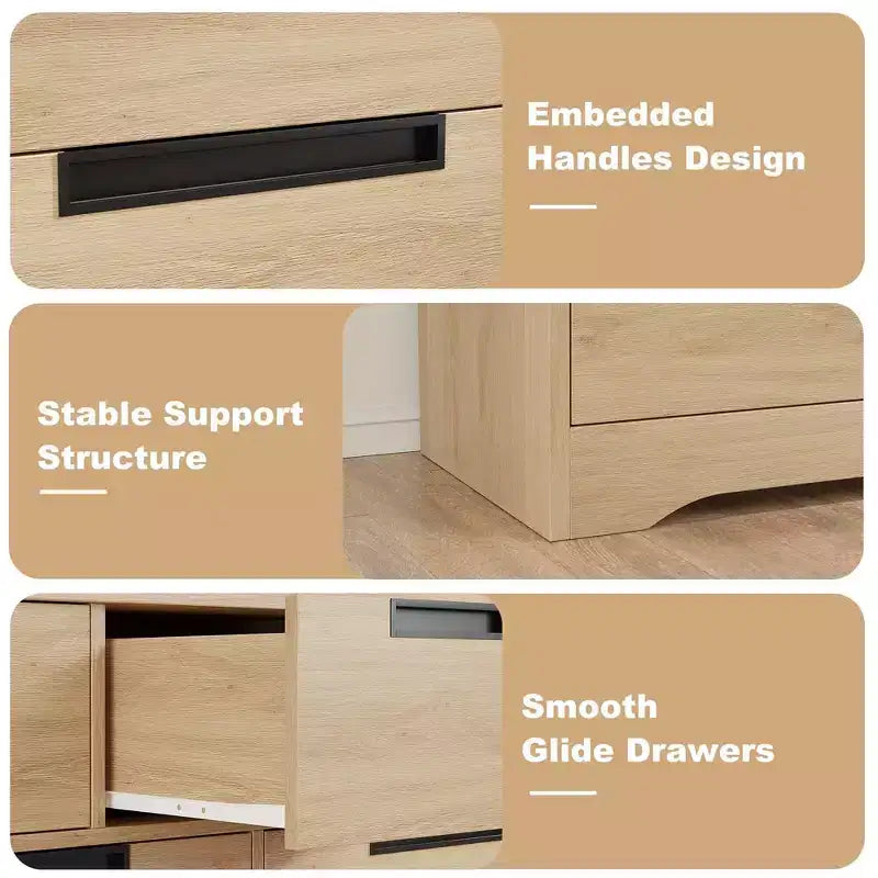 Commode double 6 tiroirs en bois naturel – Rangement moderne avec poignées encastrées pour chambre ou salon