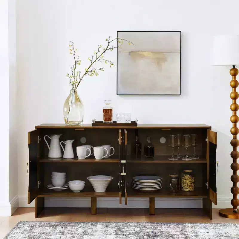Buffet moderne Okak avec rangement, enfilade cannelée avec motif géométrique et étagères réglables pour entrée/cuisine/salle à manger