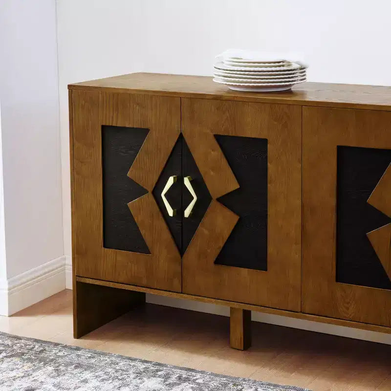 Buffet moderne Okak avec rangement, enfilade cannelée avec motif géométrique et étagères réglables pour entrée/cuisine/salle à manger