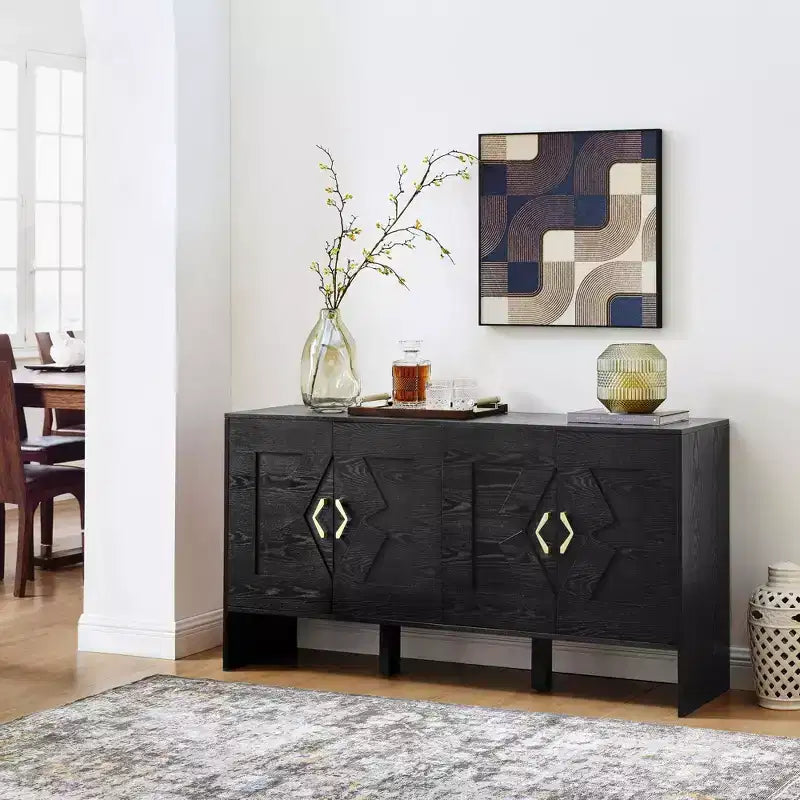 Buffet moderne Okak avec rangement, enfilade cannelée avec motif géométrique et étagères réglables pour entrée/cuisine/salle à manger