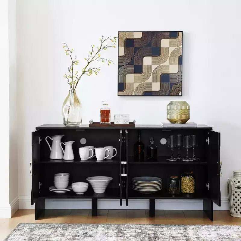 Buffet moderne Okak avec rangement, enfilade cannelée avec motif géométrique et étagères réglables pour entrée/cuisine/salle à manger