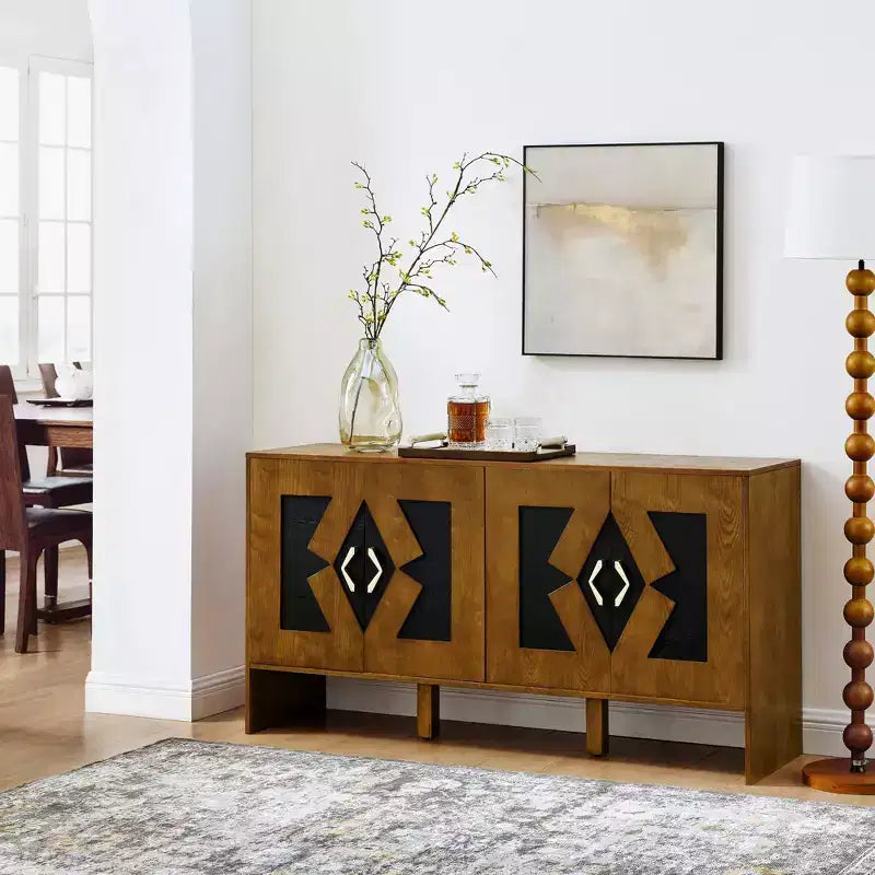 Buffet moderne Okak avec rangement, enfilade cannelée avec motif géométrique et étagères réglables pour entrée/cuisine/salle à manger