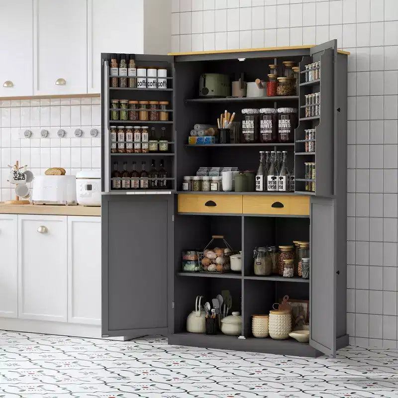 Meuble haut de salle à manger autoportant Okak Modern 71.3 avec rangement, 2 étagères réglables, 8 étagères de porte pour cuisine ou salon