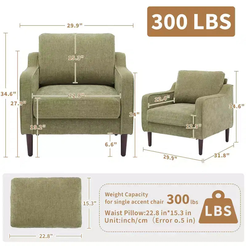 Fauteuil simple GustoWave Mid-Century, Fauteuil moderne en tissu de lin, Fauteuils d'appoint confortables avec accoudoirs incurvés, Chaise de lecture à dossier haut