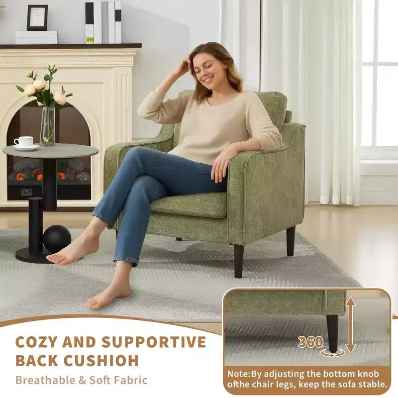 Fauteuil simple GustoWave Mid-Century, Fauteuil moderne en tissu de lin, Fauteuils d'appoint confortables avec accoudoirs incurvés, Chaise de lecture à dossier haut