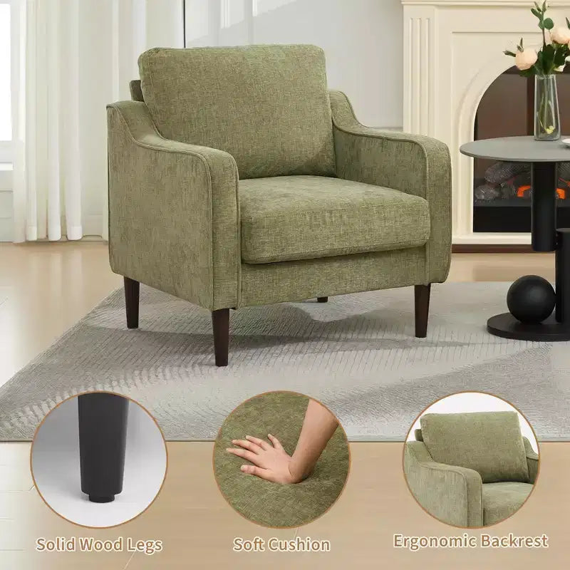 Fauteuil simple GustoWave Mid-Century, Fauteuil moderne en tissu de lin, Fauteuils d'appoint confortables avec accoudoirs incurvés, Chaise de lecture à dossier haut