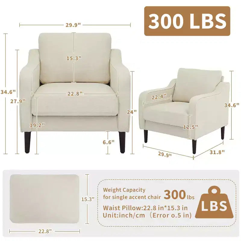 Fauteuil simple GustoWave Mid-Century, Fauteuil moderne en tissu de lin, Fauteuils d'appoint confortables avec accoudoirs incurvés, Chaise de lecture à dossier haut