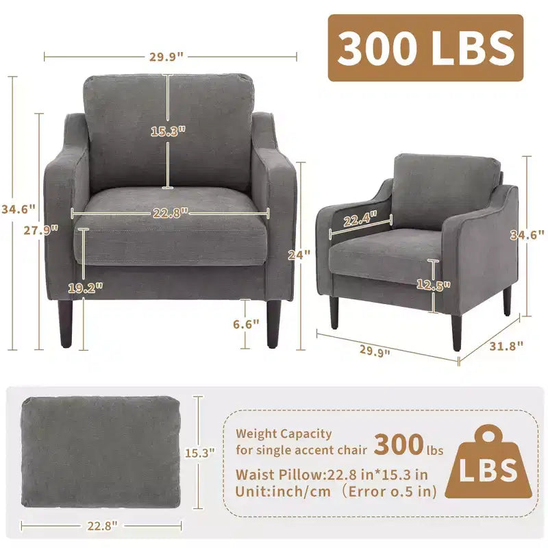 Fauteuil simple GustoWave Mid-Century, Fauteuil moderne en tissu de lin, Fauteuils d'appoint confortables avec accoudoirs incurvés, Chaise de lecture à dossier haut