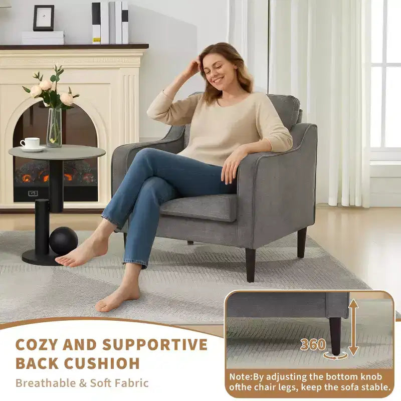 Fauteuil simple GustoWave Mid-Century, Fauteuil moderne en tissu de lin, Fauteuils d'appoint confortables avec accoudoirs incurvés, Chaise de lecture à dossier haut