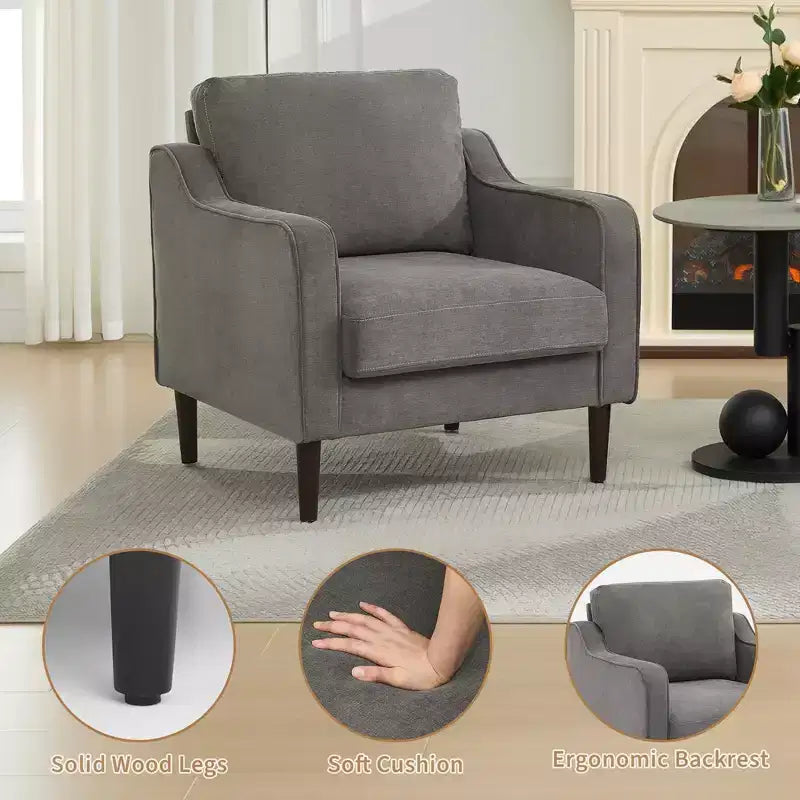 Fauteuil simple GustoWave Mid-Century, Fauteuil moderne en tissu de lin, Fauteuils d'appoint confortables avec accoudoirs incurvés, Chaise de lecture à dossier haut