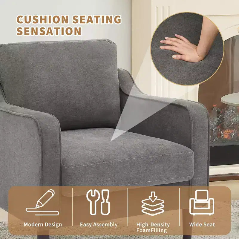 Fauteuil simple GustoWave Mid-Century, Fauteuil moderne en tissu de lin, Fauteuils d'appoint confortables avec accoudoirs incurvés, Chaise de lecture à dossier haut