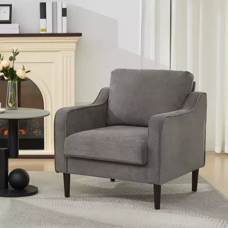 Fauteuil simple GustoWave Mid-Century, Fauteuil moderne en tissu de lin, Fauteuils d'appoint confortables avec accoudoirs incurvés, Chaise de lecture à dossier haut
