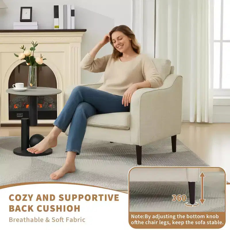 Fauteuil simple GustoWave Mid-Century, Fauteuil moderne en tissu de lin, Fauteuils d'appoint confortables avec accoudoirs incurvés, Chaise de lecture à dossier haut
