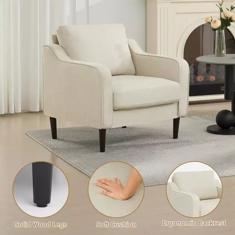 Fauteuil simple GustoWave Mid-Century, Fauteuil moderne en tissu de lin, Fauteuils d'appoint confortables avec accoudoirs incurvés, Chaise de lecture à dossier haut
