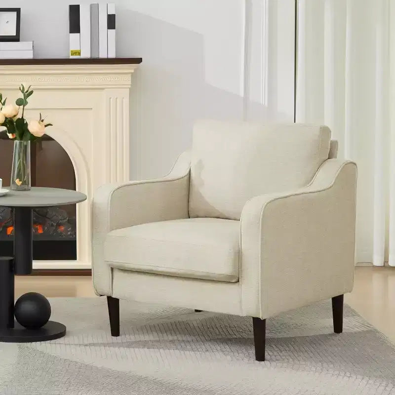 Fauteuil simple GustoWave Mid-Century, Fauteuil moderne en tissu de lin, Fauteuils d'appoint confortables avec accoudoirs incurvés, Chaise de lecture à dossier haut
