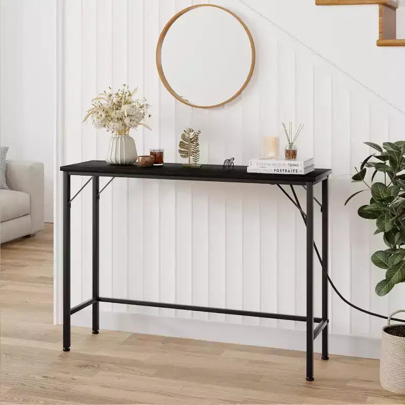 39.4 Table console moderne avec station de charge intégrée, plateau fin et pieds en métal, pour entrée, couloir et derrière le canapé, pour salon, appartement