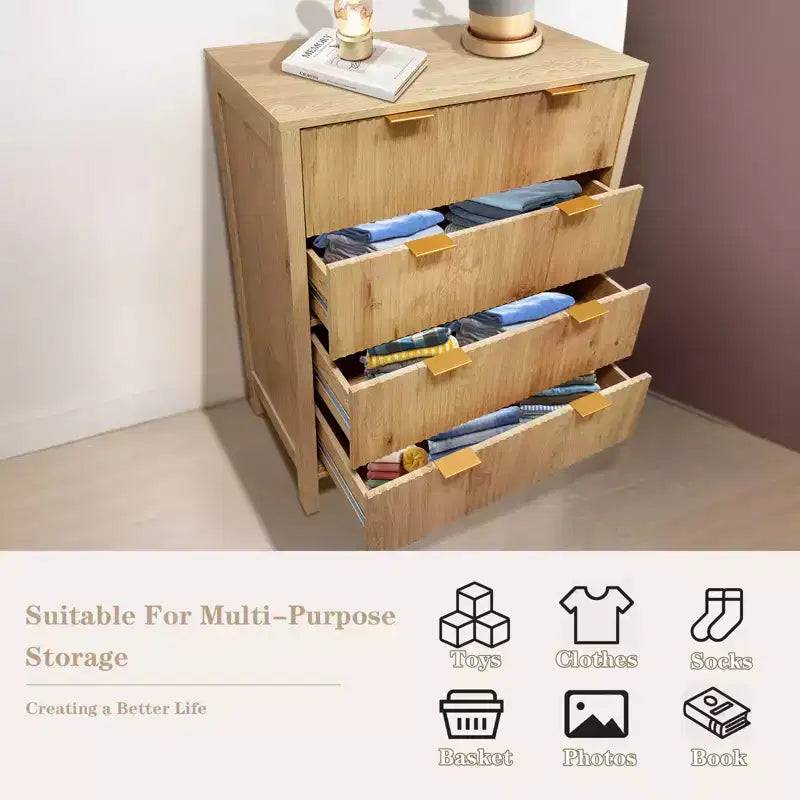 Commode à 4 tiroirs pour chambre à coucher, commode haute cannelée, commode de chambre à coucher, commode moderne du milieu du siècle pour chambre à coucher, salon, couloir, placard, chêne