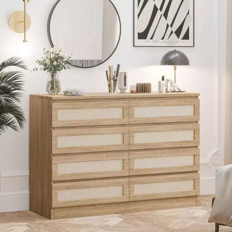 Grande commode à 8 tiroirs pour chambre, commode en rotin style ferme moderne, commode en bois étroite