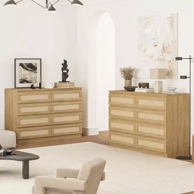 Grande commode à 8 tiroirs pour chambre, commode en rotin style ferme moderne, commode en bois étroite