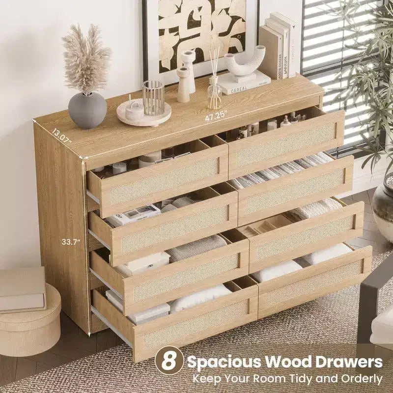 Grande commode à 8 tiroirs pour chambre, commode en rotin style ferme moderne, commode en bois étroite