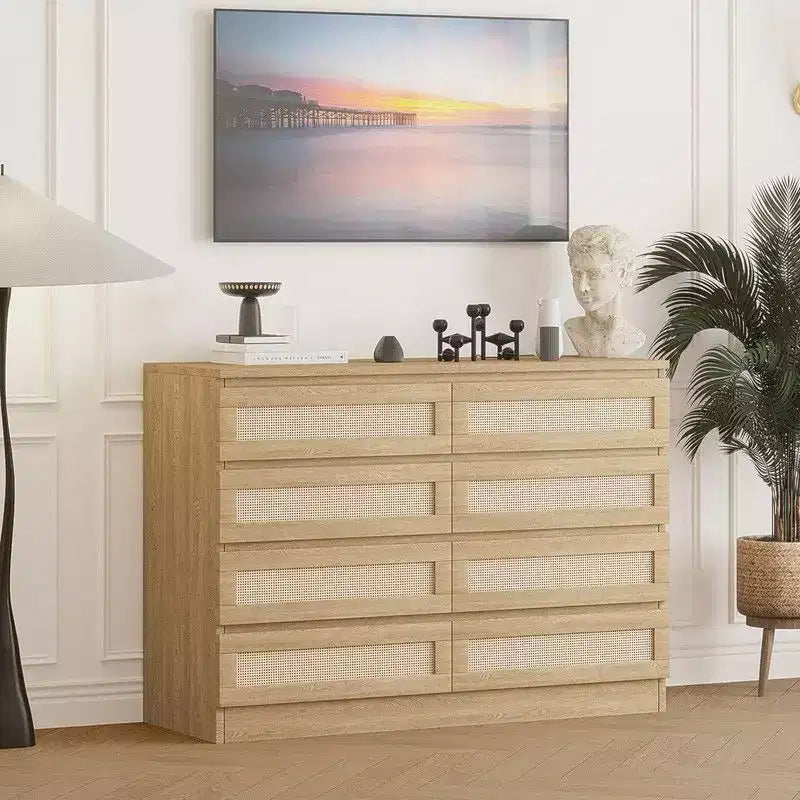 Grande commode à 8 tiroirs pour chambre, commode en rotin style ferme moderne, commode en bois étroite