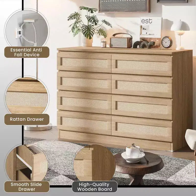 Grande commode à 8 tiroirs pour chambre, commode en rotin style ferme moderne, commode en bois étroite