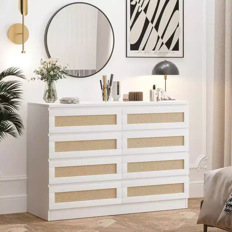 Grande commode à 8 tiroirs pour chambre, commode en rotin style ferme moderne, commode en bois étroite