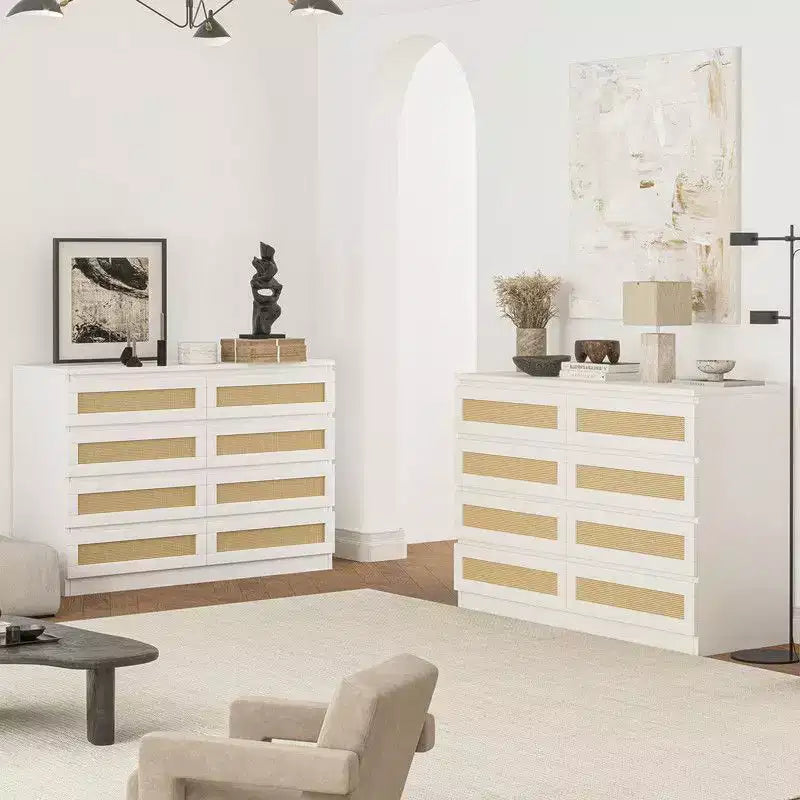 Grande commode à 8 tiroirs pour chambre, commode en rotin style ferme moderne, commode en bois étroite
