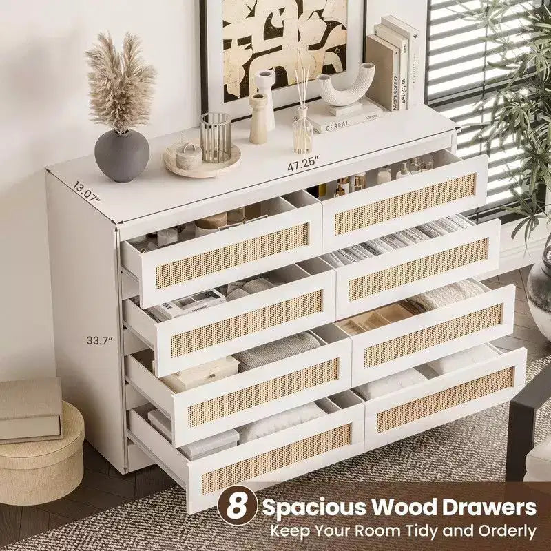 Grande commode à 8 tiroirs pour chambre, commode en rotin style ferme moderne, commode en bois étroite