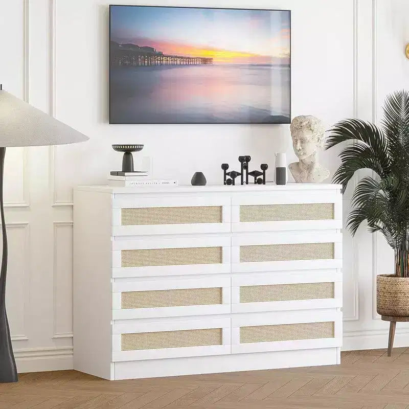 Grande commode à 8 tiroirs pour chambre, commode en rotin style ferme moderne, commode en bois étroite