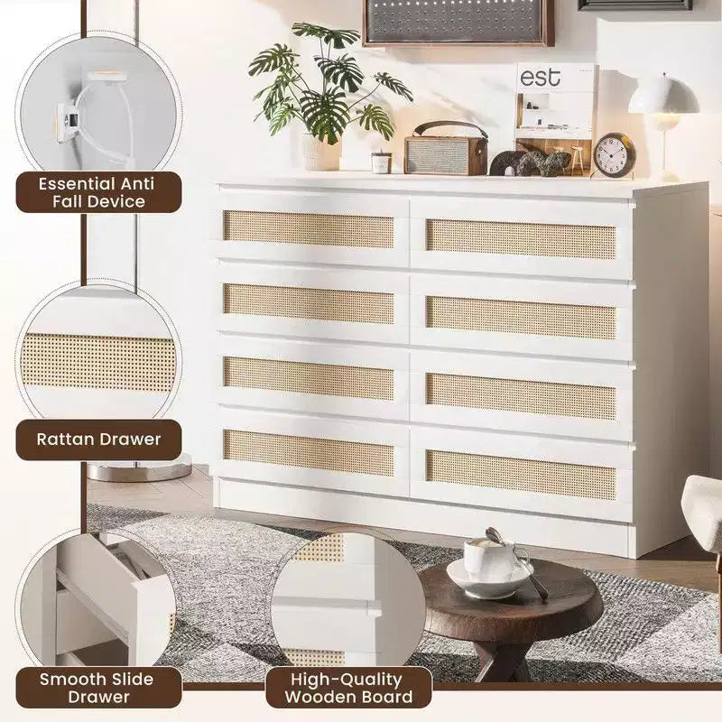 Grande commode à 8 tiroirs pour chambre, commode en rotin style ferme moderne, commode en bois étroite