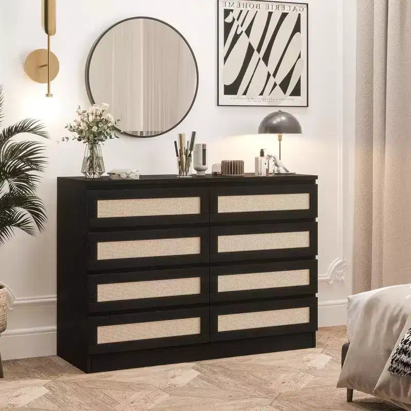 Grande commode à 8 tiroirs pour chambre, commode en rotin style ferme moderne, commode en bois étroite
