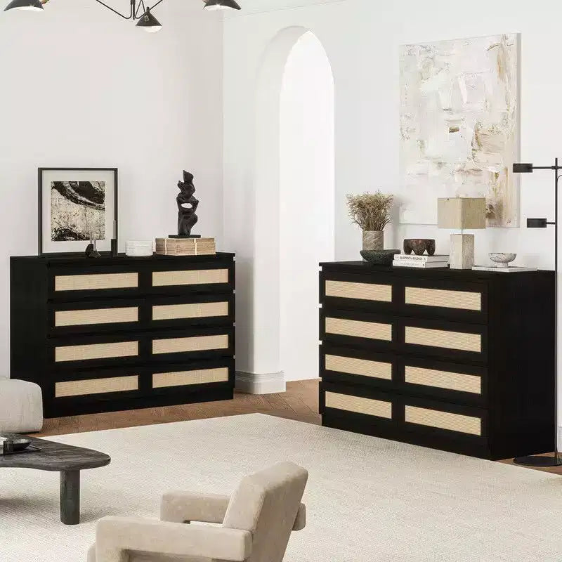 Grande commode à 8 tiroirs pour chambre, commode en rotin style ferme moderne, commode en bois étroite