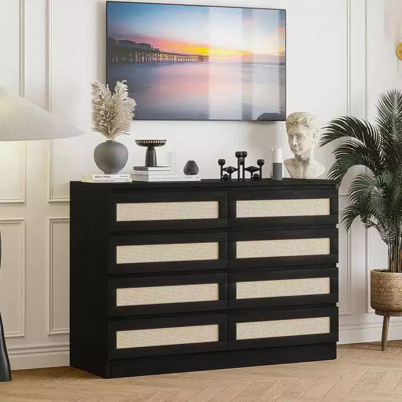 Grande commode à 8 tiroirs pour chambre, commode en rotin style ferme moderne, commode en bois étroite