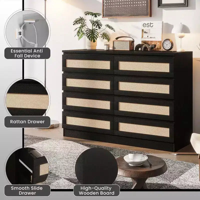 Grande commode à 8 tiroirs pour chambre, commode en rotin style ferme moderne, commode en bois étroite
