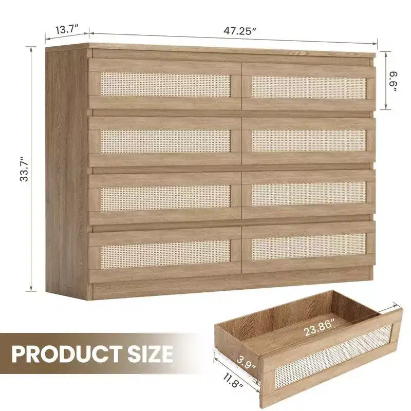 Grande commode à 8 tiroirs pour chambre, commode en rotin style ferme moderne, commode en bois étroite