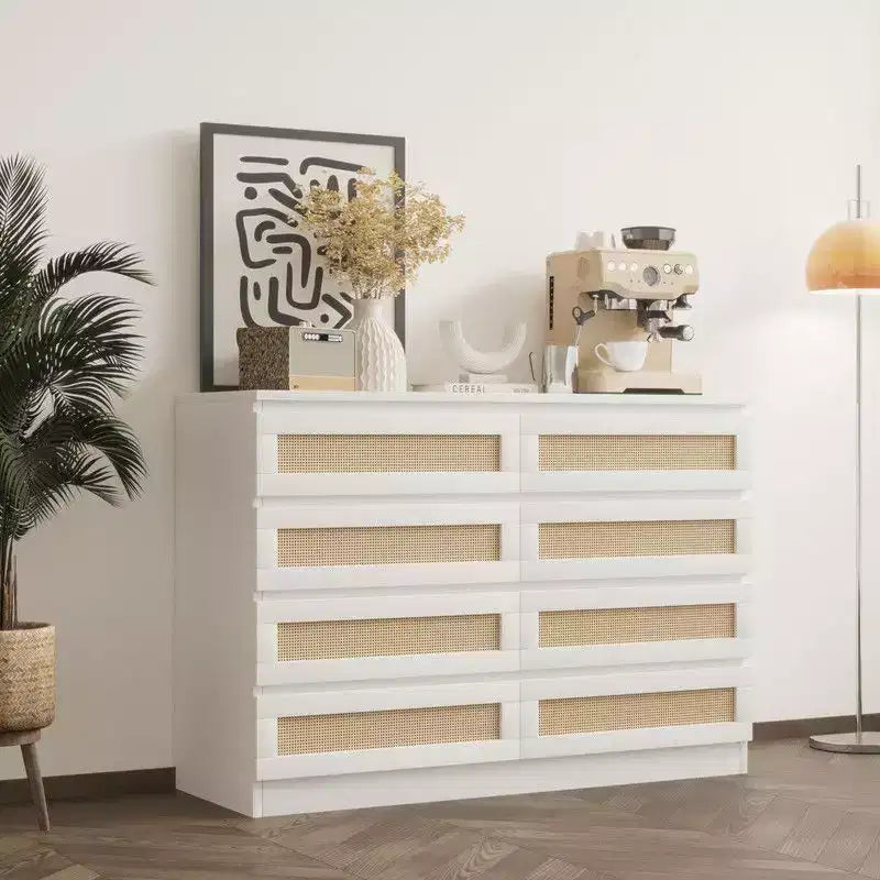 Grande commode à 8 tiroirs pour chambre, commode en rotin style ferme moderne, commode en bois étroite