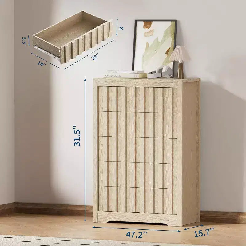 Commode haute à 5 tiroirs cannelés – Design sans poignée avec rangement profond pour chambre et salon