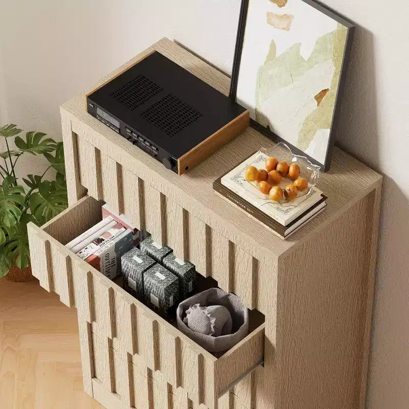 Commode haute à 5 tiroirs cannelés – Design sans poignée avec rangement profond pour chambre et salon