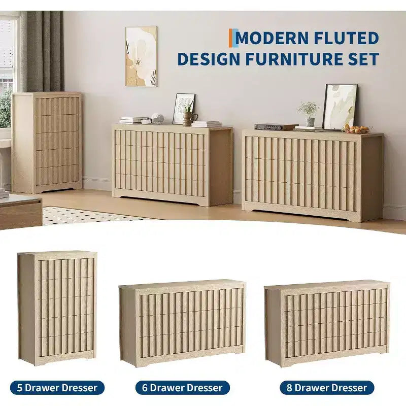 Commode haute à 5 tiroirs cannelés – Design sans poignée avec rangement profond pour chambre et salon