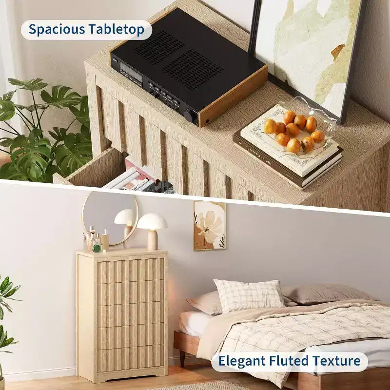 Commode haute à 5 tiroirs cannelés – Design sans poignée avec rangement profond pour chambre et salon