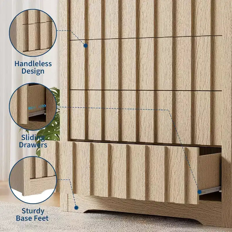 Commode haute à 5 tiroirs cannelés – Design sans poignée avec rangement profond pour chambre et salon