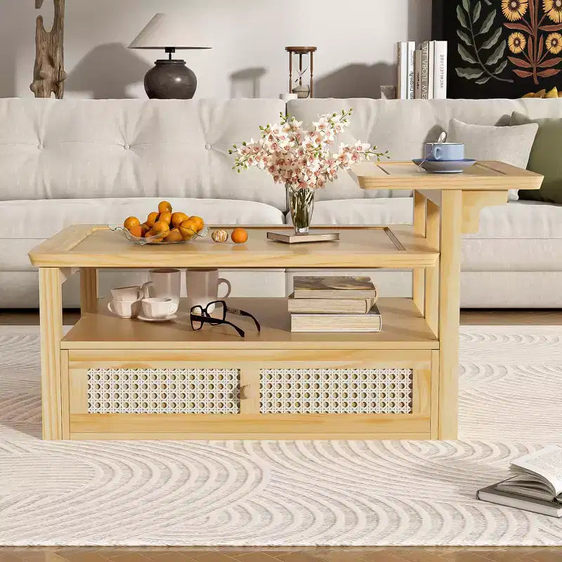Table basse moderne Zeus & Ruta avec étagère de rangement, plateaux à double couche et tiroir en rotin pour salon