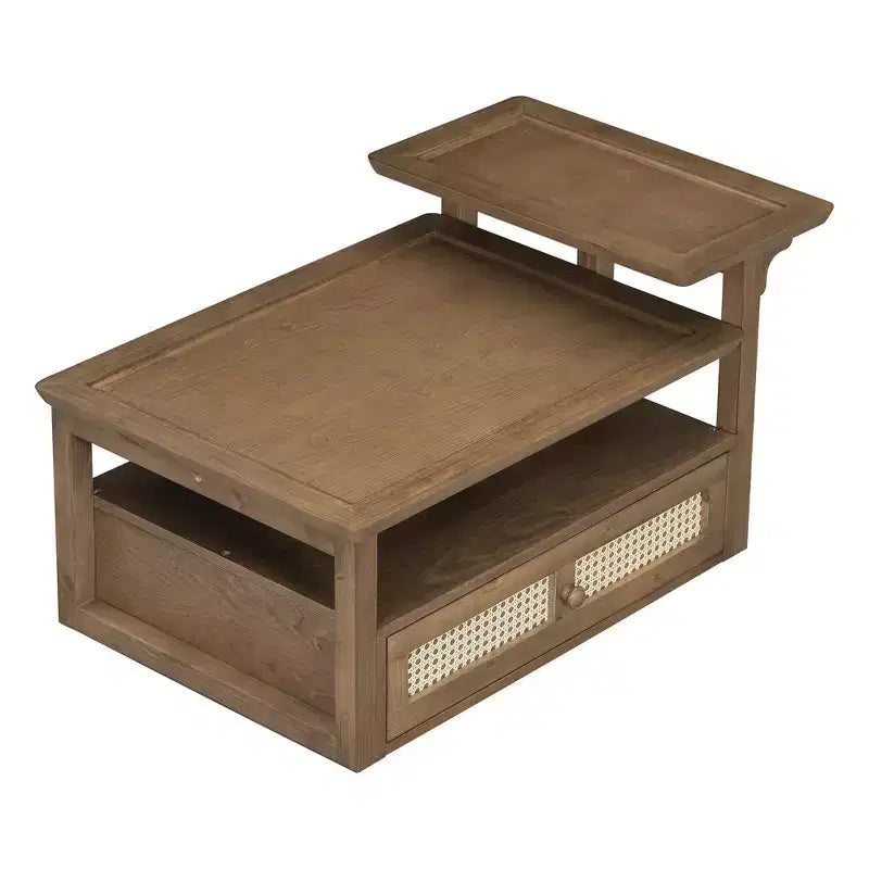 Table basse moderne Zeus & Ruta avec étagère de rangement, plateaux à double couche et tiroir en rotin pour salon